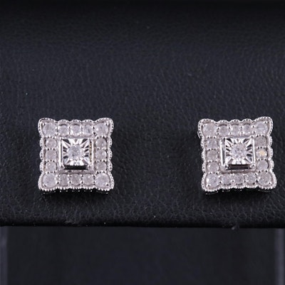 Sterling Silver 0.51 CTW Diamond Square Stud Earrings