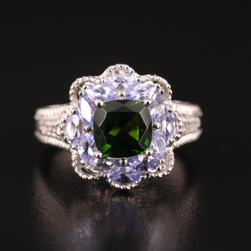 Sterling Diopside, Tanzanite and White Topaz Ring