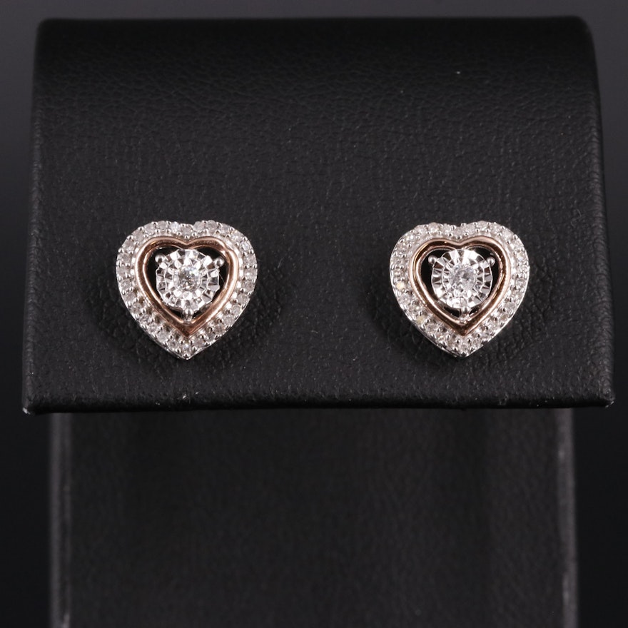 Sterling 0.21 CTW Diamond Heart Studs with 10K Accents