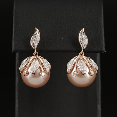 14K Rose Gold 13.50 mm Pearl and Diamond Earrings