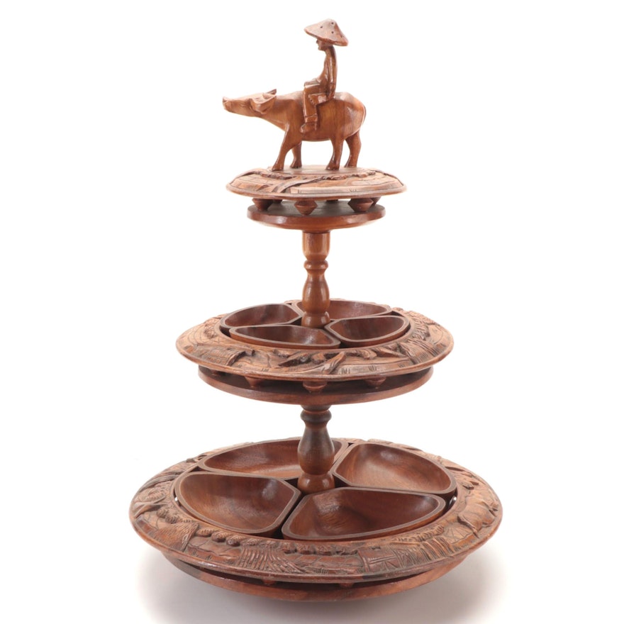Carved Monkey Pod Three Tiered Appetizer Lazy Susan