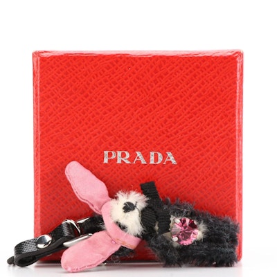 Prada Panda Bear Embellished Bag Charm/Keychain in Satin and Leather with Box