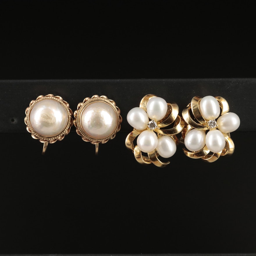 Pairing of 14K Pearl and Diamond Earrings