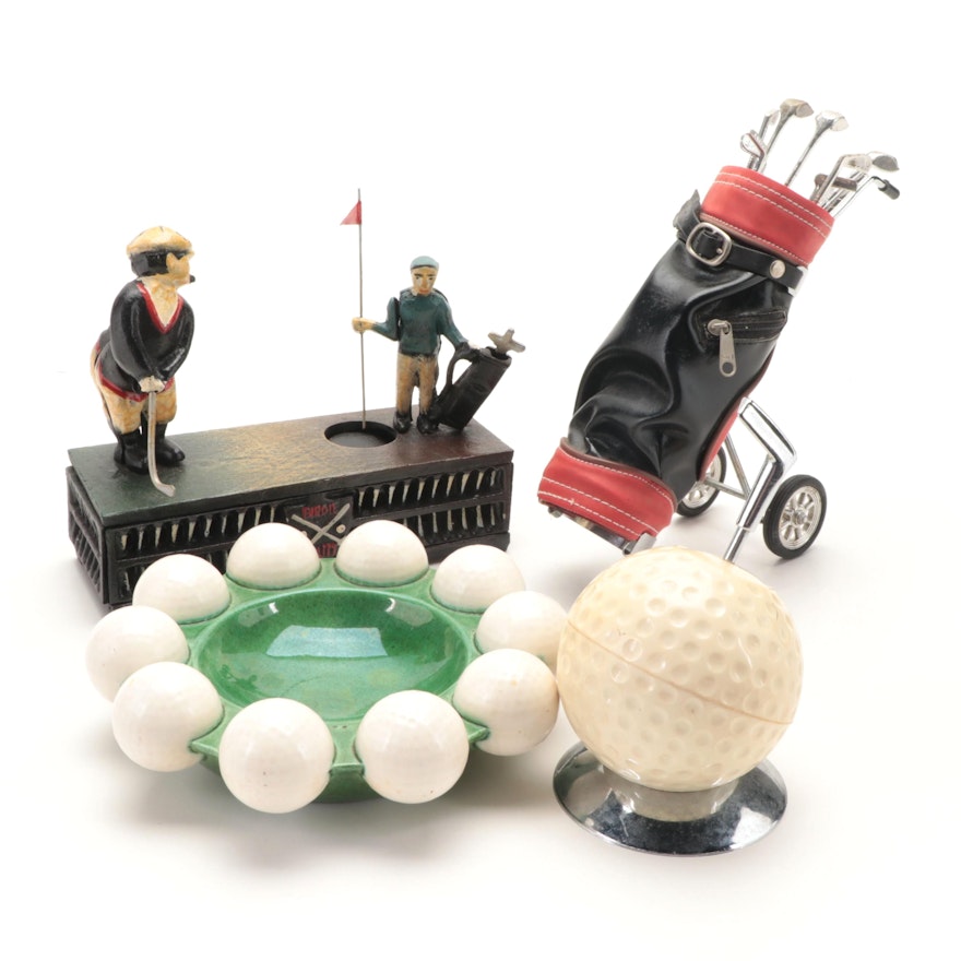 Golf Themed Cast Iron Bank, Ashtray, Lighter and Swizzle Sticks