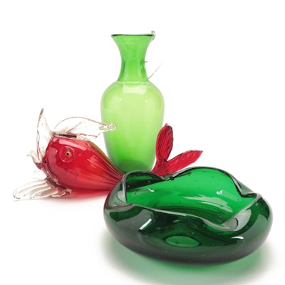 Blown Glass Controlled Bubble Ashtray with Blown Glass Pitcher and Fish