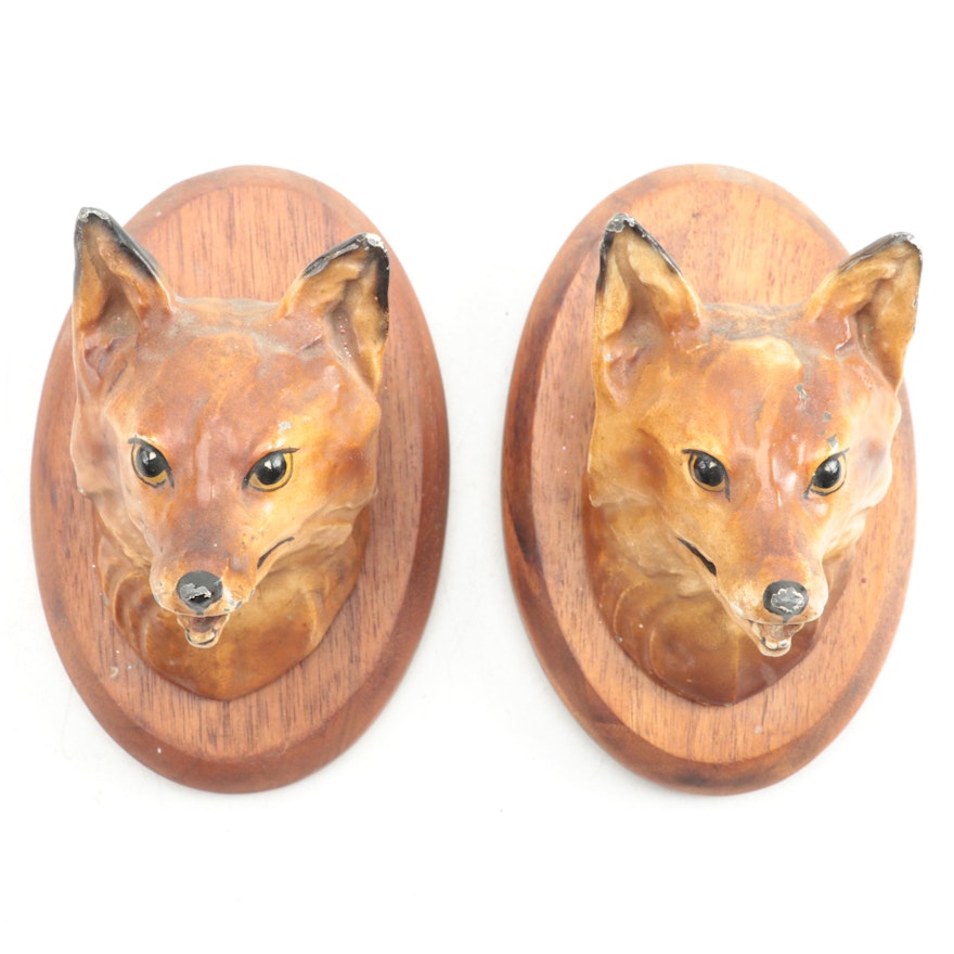 Pair of Cast Metal and Enamel Fox Heads with Wooden Plaques