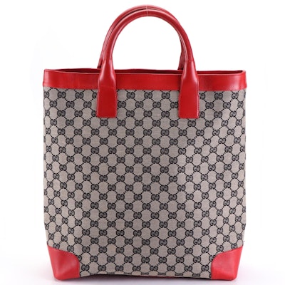 Gucci Vertical Tote Bag in GG Canvas and Red Leather Trim