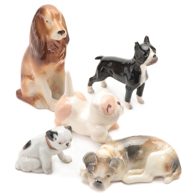 Royal Dux Cocker Spaniel with Other Ceramic Dog Figurines, Mid to Late 20th C.