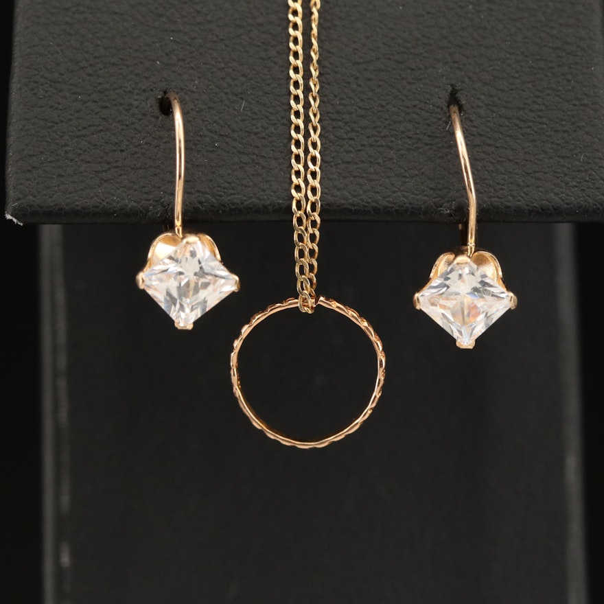 10K Cubic Zirconia Earrings and Baby Ring Pendant on 14K Chain Necklace