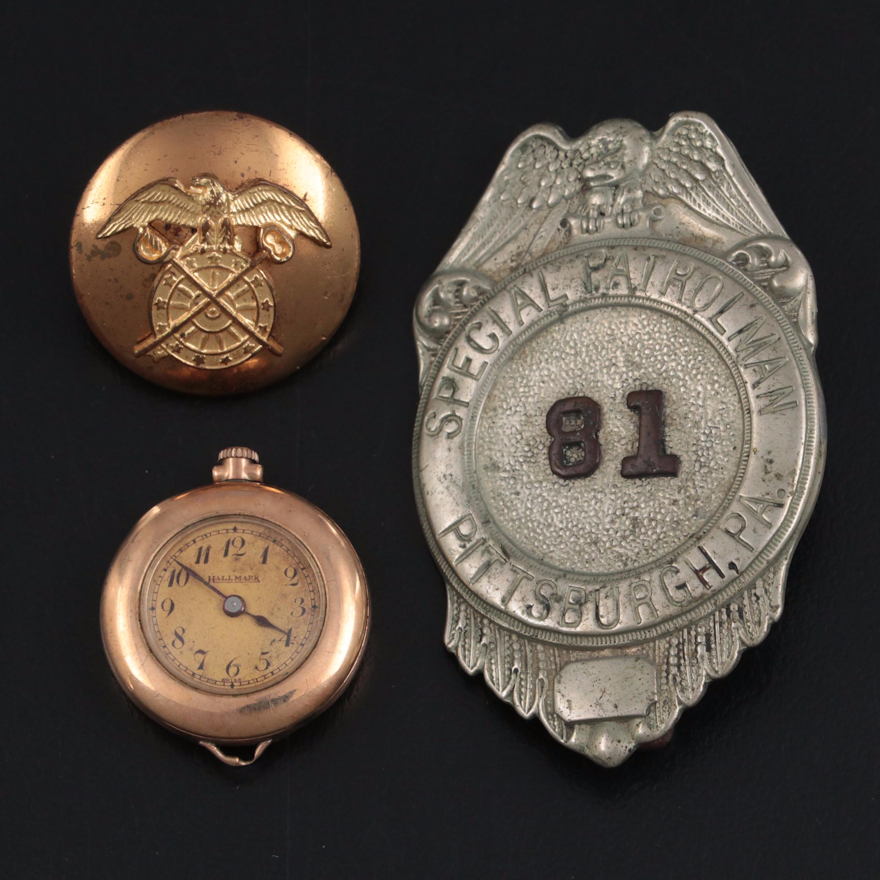 Hallmark Swiss Pocket Watch with Special Patrolman Badge and Air Force Pin