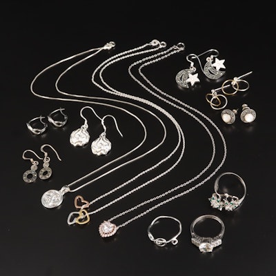 Sterling Necklaces, Rings and Earrings Including Mother-of-Pearl and Glass