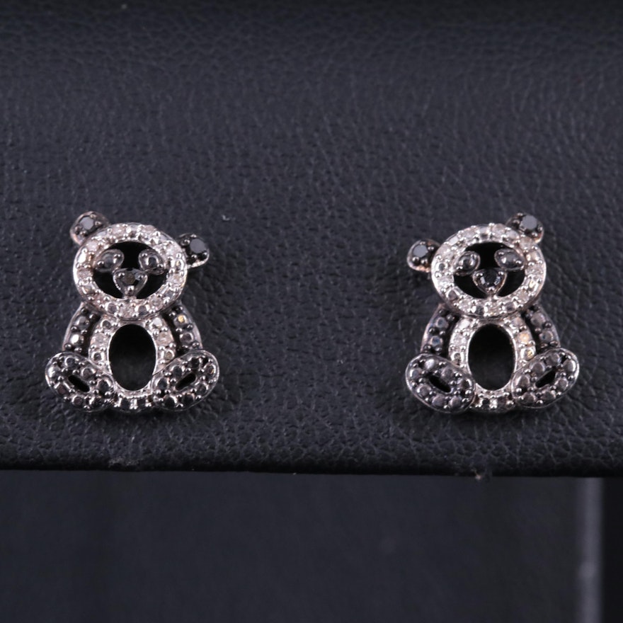 Sterling Silver 0.11 CTW Diamond Bear Stud Earrings