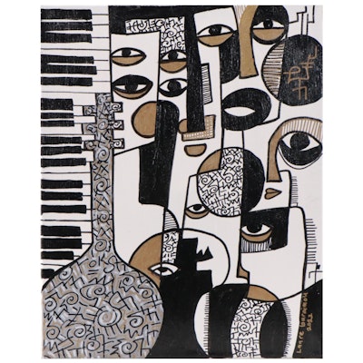 Lanre Buraimoh Abstract Acrylic Painting of Figures and Instruments, 2022