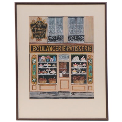 Marcella Lewin Mixed Media Painting of a French Patisserie Storefront