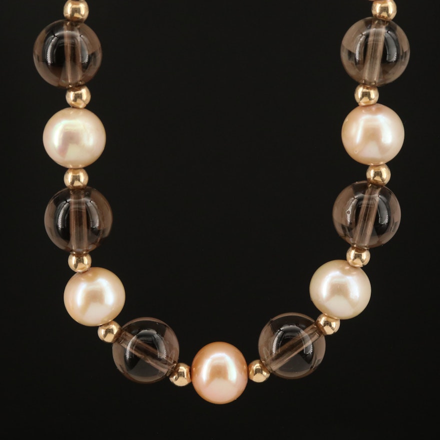 14K Smoky Quartz and Pearl Beaded Necklace