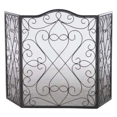 Patinated Metal and Wire Mesh Three-Panel Folding Fire Screen