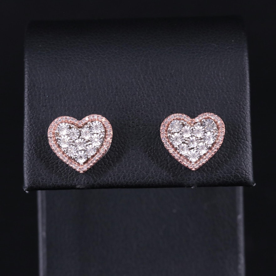 Sterling Two-Tone 0.17 CTW Diamond Cluster Heart Stud Earrings