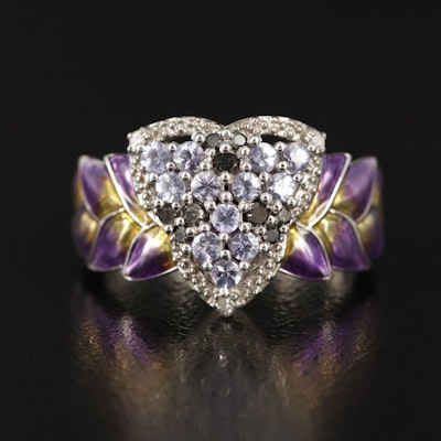 Sterling Tanzanite, Diamond and Enamel Tre-Foil Ring with Leaf Shoulders
