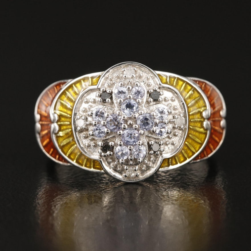 Sterling Tanzanite, Diamond and Enamel Quatrefoil Ring
