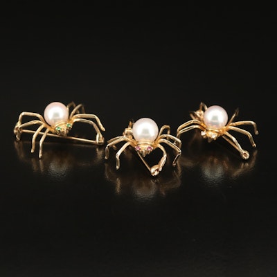 14K Diamond, Pearl and Ruby Spider Pin Trio