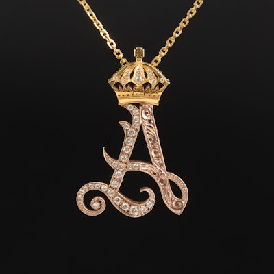 14K 0.46 CTW Diamond Scrollwork "A" Pendant Necklace with 18K Crown Detail