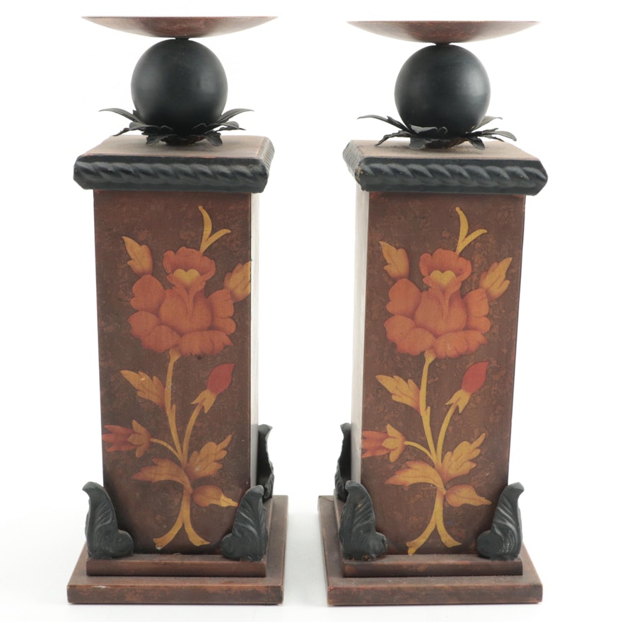 Pair of Flower Motif Column Candle Holders