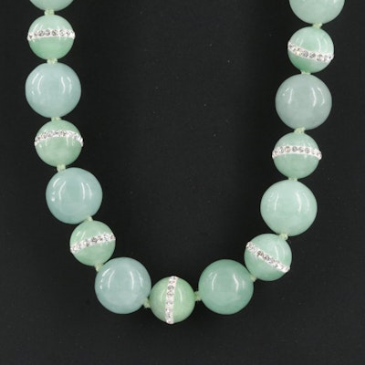 Jadeite and Rhinestone Beaded Necklace with Sterling Clasp