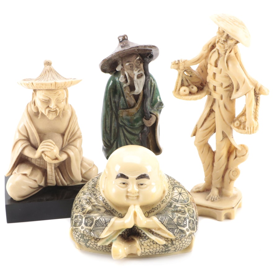 Chinese Carved Resin and Shiwan Eartheware Figurines