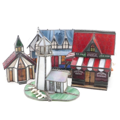 Coca-Cola Stained Glass Corner Store and More Slag Glass Miniature Scenery