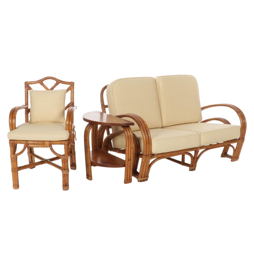 Mid Century Modern Rattan Loveseat, Chair and Demilune Side Table
