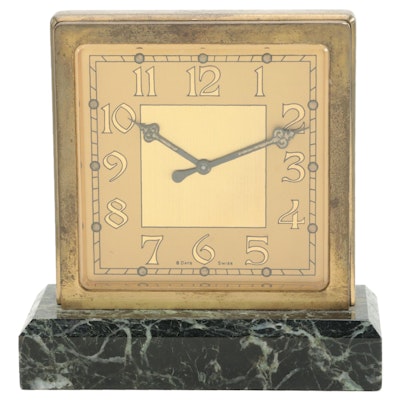 Art Deco Swiss 8-Day Brass and Marble Partners Desk Clock, 1930s