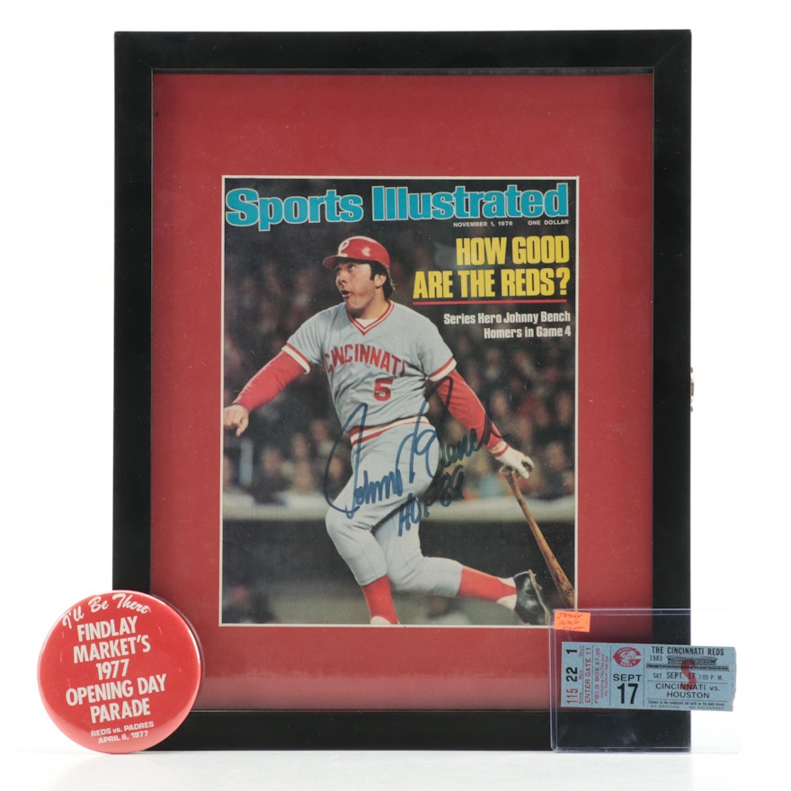 Cincinnati Reds Johnny Bench Signed Magazine in Case, Pin, Game Ticket