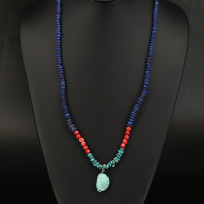 Magnesite, Turquoise and Lapis Lazuli Bead Pendant Necklace