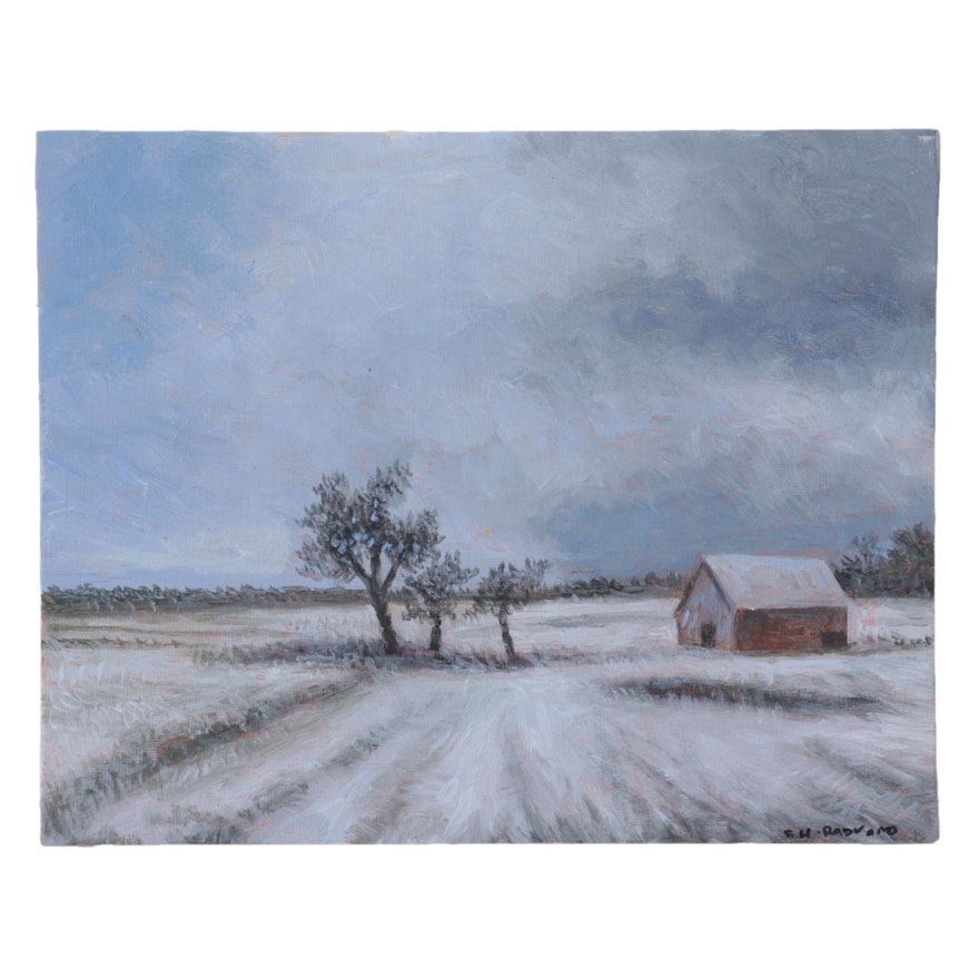 Sulmaz H. Radvand Winter Landscape Oil Painting of Barn in Field, 21st Century