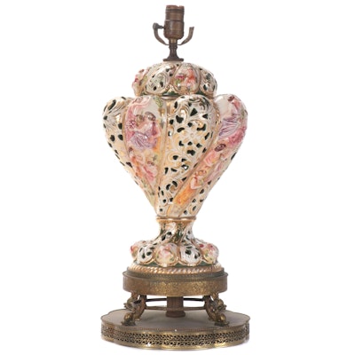 Capodimonte Style Pierced Porcelain Table Lamp with Brass Dolphin Feet