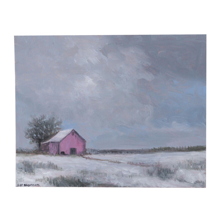 Sulmaz H. Radvand Oil Painting of Barn in Snowy Field, 21st Century