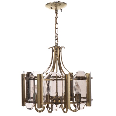 Brass and Etched Smoked Glass Chandelier, Late 20th Century