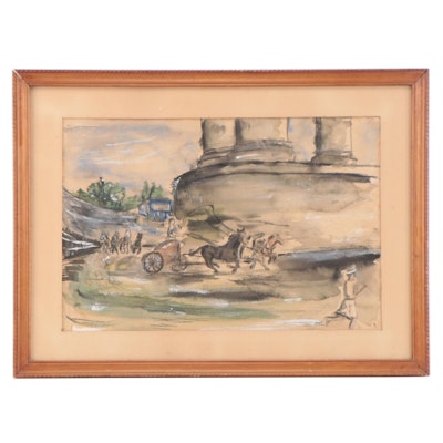 Watercolor Painting of Four-Horse Chariot Racing