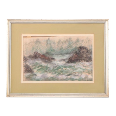Seascape Pastel Drawing of Crashing Waves, Mid-20th Century