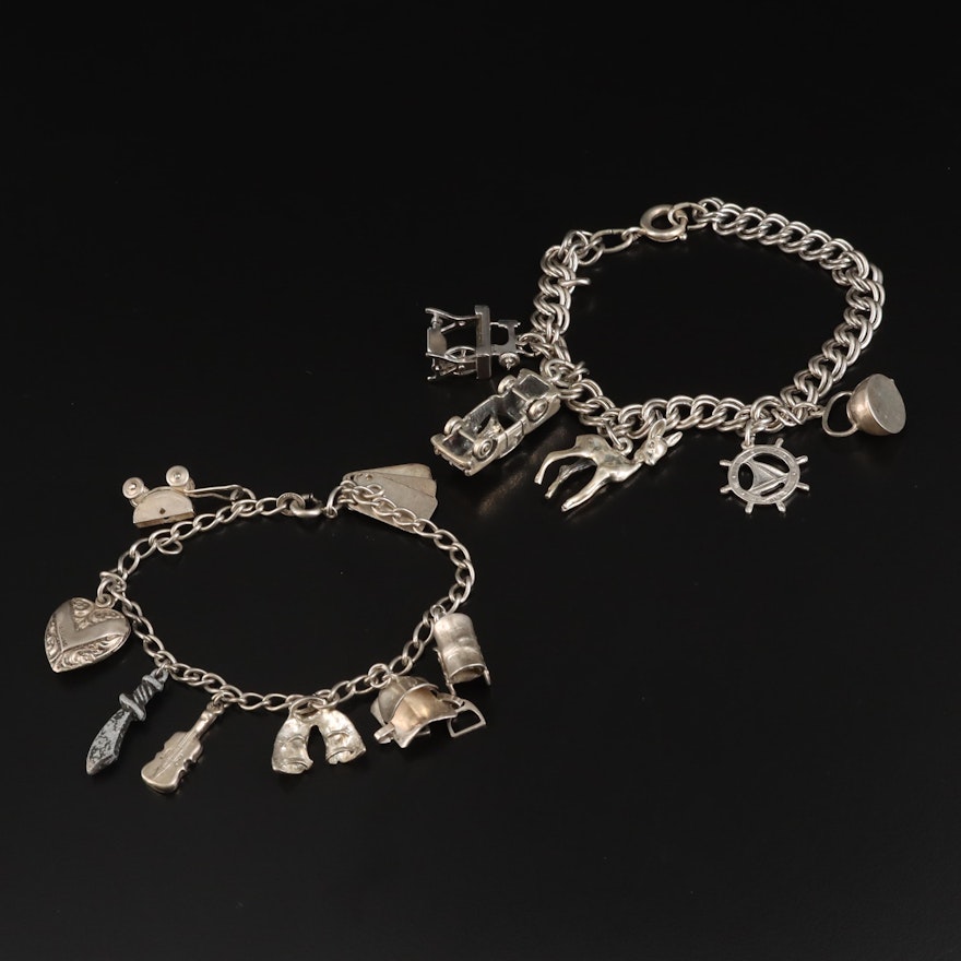 Vintage Sterling Charm Bracelets Including Guitar, and Western Themed Charms