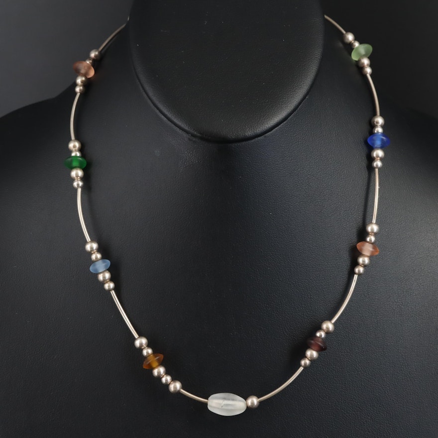 Sterling Necklace with Frosted Glass Bead Stations