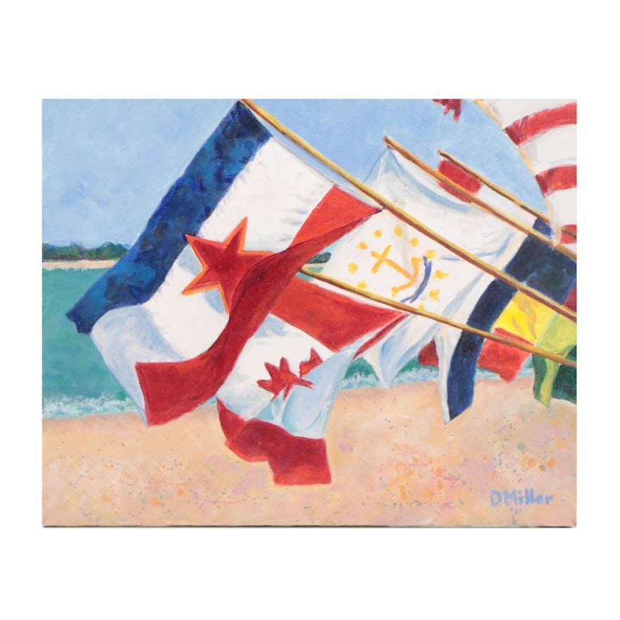 D. Miller Oil Painting of Flags Along the Beach, Late 20th Century