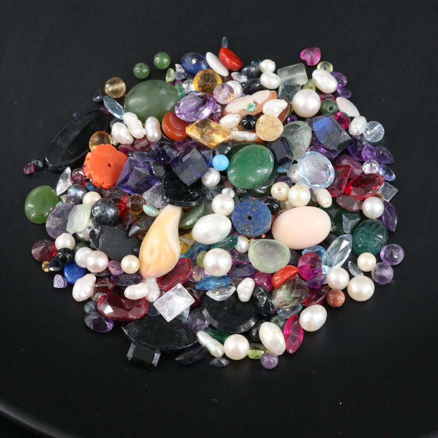 Loose Mixed Faceted, Coral, Pearl and Amethyst Cabochons and Beads