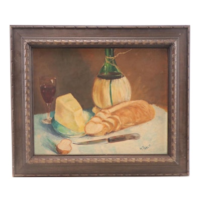 M. Shalit Still Life Oil Painting of Bread, Cheese, and Wine
