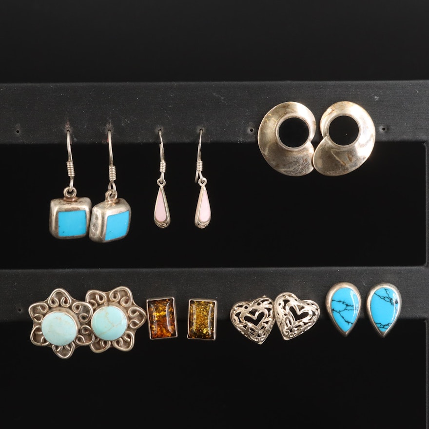 Sterling Amber, Mother of Pearl, and Faux Turquoise Earring Selection