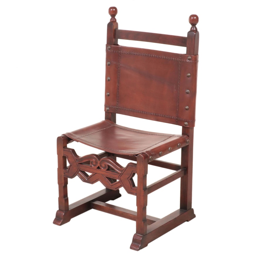 Medieval Style Mahogany and Leather-Upholstered Side Chair