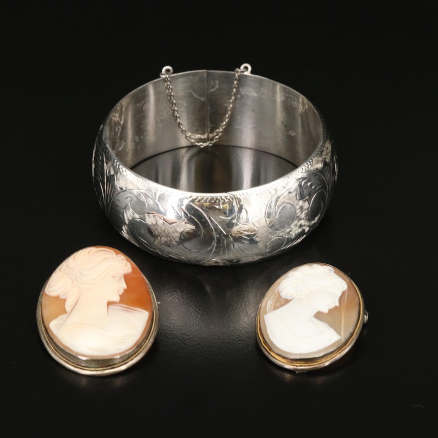 Sterling Etched Bangle and 800 Silver Shell Cameos
