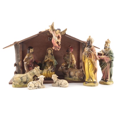 Japanese Painted Cast Composite Nativity Set with Illuminated Stable, Mid-20th C