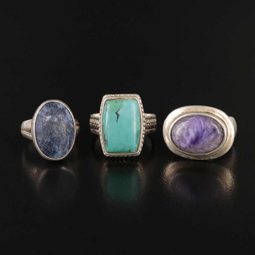 Sterling Lapis Lazuli, Turquoise, and Charoite Rings Featuring Barse