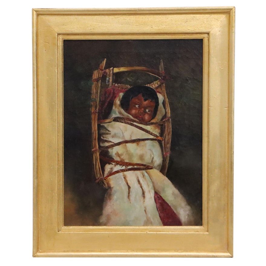 Oil Painting of Baby In Cradle Board